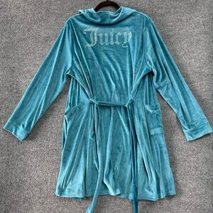 Juicy Couture Velour Robe Womens L/XL Teal Short Belted Studded Pockets Blingy